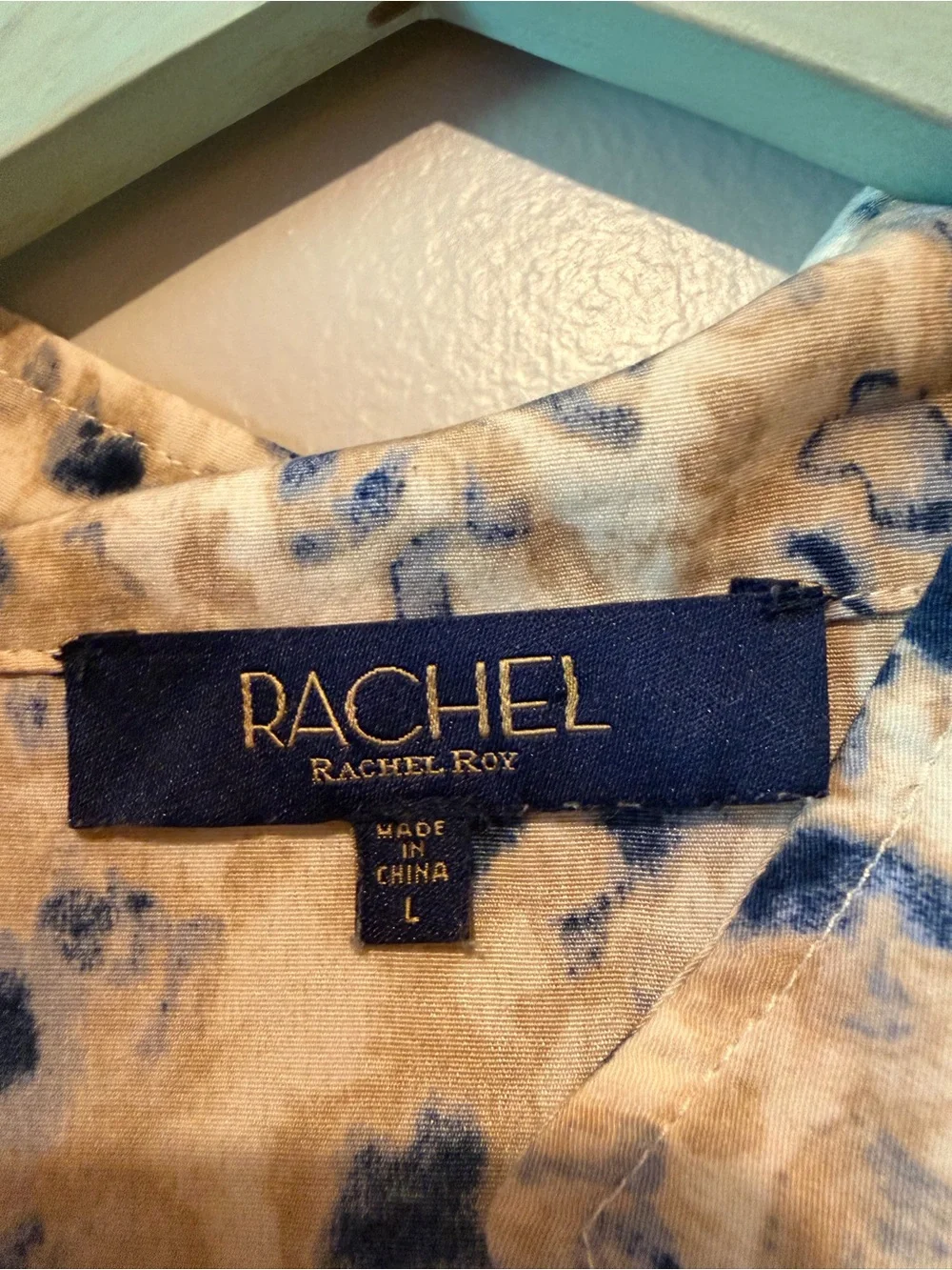 RACHEL Rachel Roy Beige and Navy Floral V-Neck Button Blouse